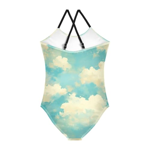 KLL Clouds on Blue Background Girl 1-Piece Swim Suit Beach Swimwear Adjustable Shoulder Strap Cute2