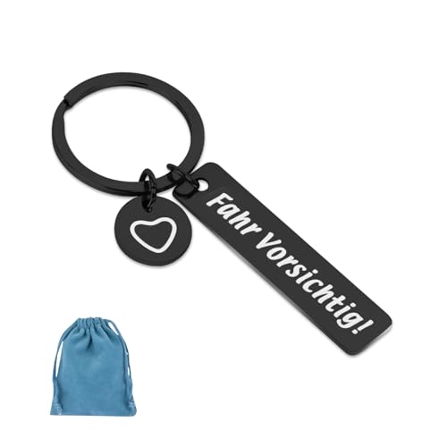 ORUZA Schlüsselanhänger Fahr Vorsichtig - Auto Metall Glücksbringer für Vater, Ehemann, Freund, Freundin, Mama, Tochter - Schwarz