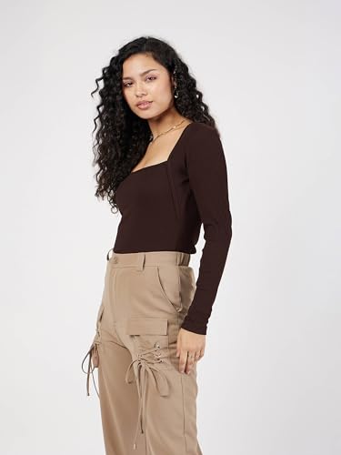 Image of SASSAFRAS Women's Slim Fit Full Sleeves Rib Square Neck Ribbed Basics - Casual Ribbed T-Shirt Tops