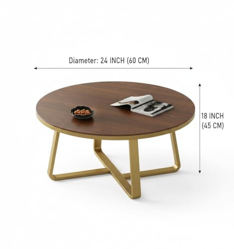 Image of Modern Round Wooden Coffee Table | Antique Wood Finish | Top Black Metal Base | Minimalist Centre Furniture Accent Piece for Living Room Bedroom Lounge Office Apartment Home Decor | (60x45 cm)