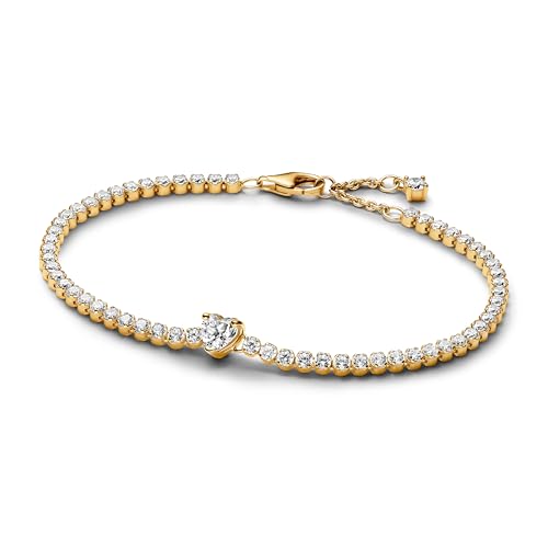 PANDORA Timeless Funkelndes Herz Tennisarmband aus Sterling-Silber mit 14 Karat vergoldeter Metalllegierung und Zirkonia, 18cm, 560041C01-18