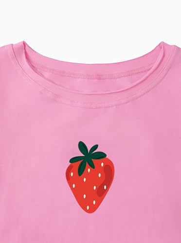Image of Girls Graphic Tees Crewneck Casual Short Sleeve Shirt Strawberry Cute Summer Tops Pink Strawberry 13-14 Years