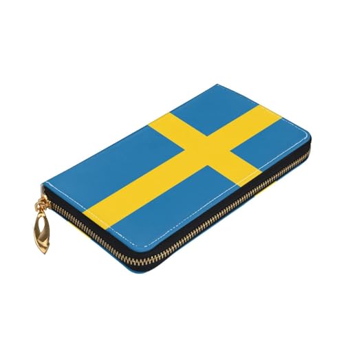 Portefeuille en cuir zippé blocage RFID motif drapeau suédois pour homme femme