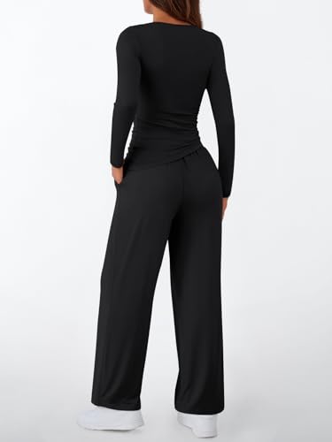 LILLUSORY Womens Boat Neck Long Sleeve Side Ruching Asymmetric Hem Top Wide Leg Pants 2 Piece Casual Lounge Set with Pockets4