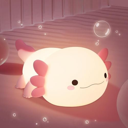 FULLOSUN Axolotl Night Light, Axotolt Gifts for Kids, Cute Squishy Animal Lamp Rechargeable & Dimmable, LED Silicone Bedside Lamp for Nursery Baby, Girls Bedroom Decor