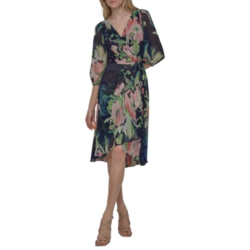 Image of DKNY Women's Chiffon Balloon Sleeve Faux Wrap Midi Dress with High-Low Hem