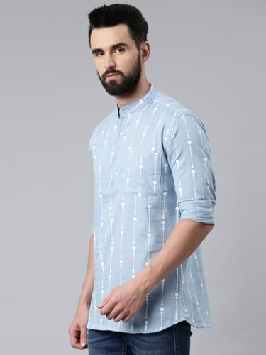 Image of Zombom Men's Cotton Polyester Blend Solid Regular Fit Full Sleeve Printed Short Kurta | Ethnic, Lightweight Summer Kurta for Daily & Occasion Use | Men's Trendy Short Kurta