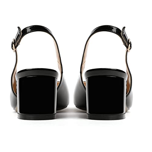 MODENCOCO Women's Buckle Slingback Round Toe Patent Block Solid Chunky Low Heel Pumps Shoes 2 Inch4