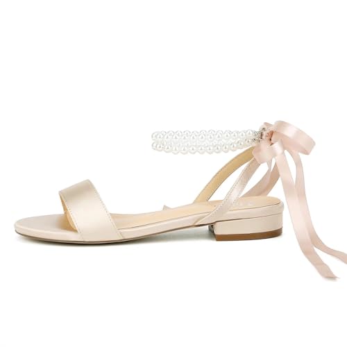Image of Satin Wedding Flats for Bride Pearl Sandals Open Toe Bridal Shoes Flat Wedding Shoes for Bride