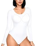 Upushall Long Sleeve Body Suit Built in Bra for Women Crew neck Bodysuit Double Lined Slimming Shirt Tops White M