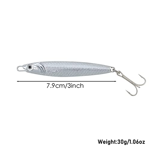 Dr.Fish Metal Sea Fishing Lures Silver Minnow Spoon Lures Set of 5 Sea Fishing Tackle Mackerel Cod Sea Bass Pike Stinger Spinner Lures Metal Jigs 30g - Image 2
