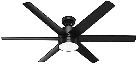 Hunter 60 inch Outdoor or Indoor Ceiling Fan with LED Light - Black Ceiling Fan with Wall Control, For Patio, Garage, or Porch, Quiet, Standard Mount, 6 Blades - Solaria 59624, Matte Black