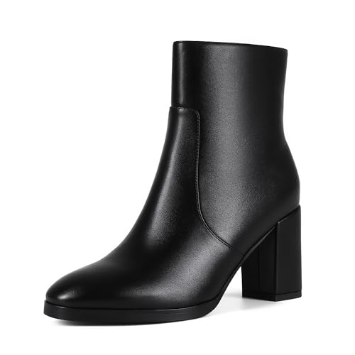 Aitikiss Womens Heeled Ankle Boots Side Zipper Chunky Block Heel Booties Fall Ankle Booties For Office Work Round Toe Booties (Black 7.5)