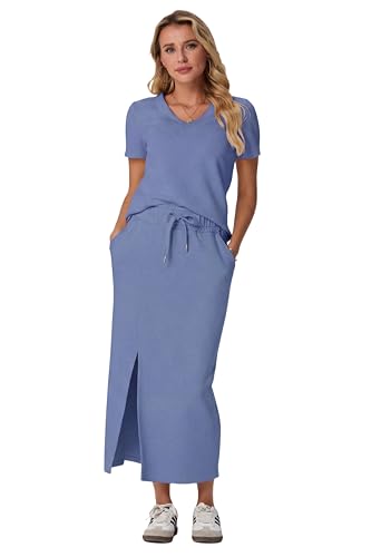 Image of GRECERELLE Women Summer Casual 2 Piece Sets V-Neck Wrinkle-Free Top & Elastic Waist Midi Side Slit Skirt with Pockets