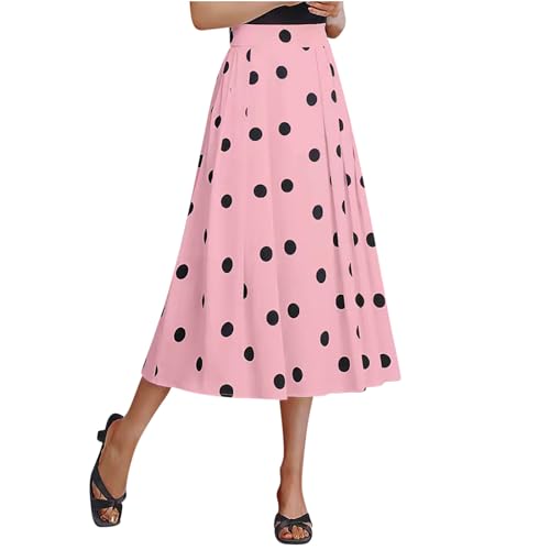 Women's Polka Dots Long Skirt, Elastic High Waisted Skirts Pleated Loose A-Line Business Casual Skirts with Pockets
