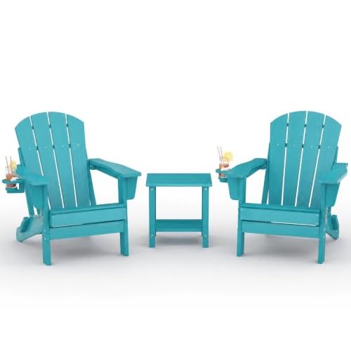 Garvee HDPE Folding Adirondack Chair Set of 2 with Side Table, Lake Blue