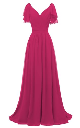 Image of Yexinbridal Ruffle Sleeves Bridesmaid Dresses V-Neck Chiffon Long Formal Wedding Evening Party Gowns for Women