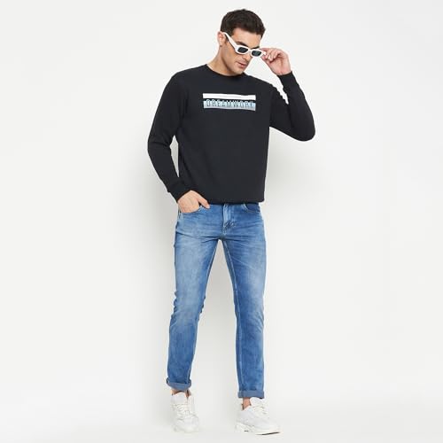 Image of Cantabil Printed Navy Blue Full Sleeves Round Neck Regular Fit Men Fleece Casual Sweatshirt | Casual Winter Sweatshirts for Men | Mens Sweatshirt for Winter Wear (P MSWS00101 Navy)