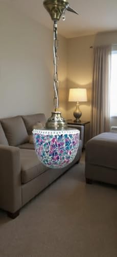 Image of Mosaic Glass Pendant Light with Brass Chain, Multicolour