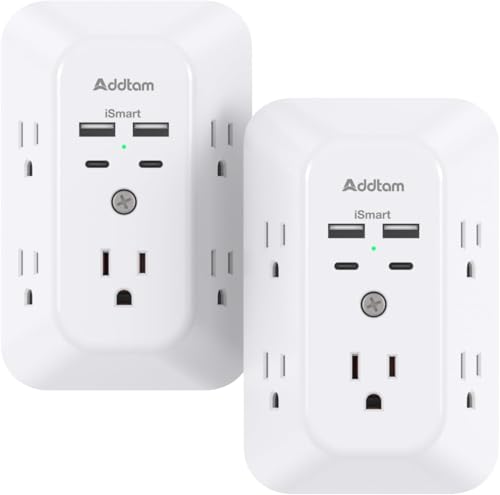 2 Pack USB Wall Charger Surge Protector, Multi Plug Outlet with 5 Outlet Extender and 4 USB Charging Ports (2 USB C Outlet) 3 Sided 1800J Power Bar for Home Travel Office image 3