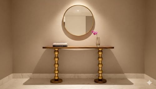 Image of Solid Sheesham Wood Console Table for Living Room | Entryway Hallway Sofa & Fish Tank Table | Designer Gold Finish Turned Legs | Luxury Wooden Accent Furniture | Light Brown Finish