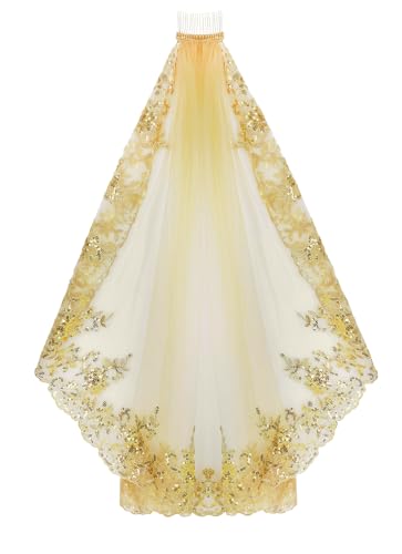 Gold Sequin Lace Veil with Comb Cathedral Bride Cape Wedding Party Halloween Costume Veils