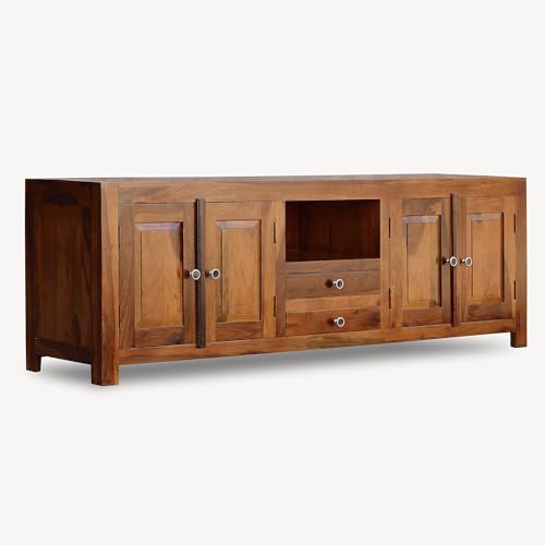 Image of Sheesham Wood TV Stand and Shelf Storage Entertainment Unit Center Console TV Table Wooden Tv Cabinet for Living Room Home (Brown)
