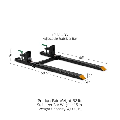 Image of Titan Attachments Medium-Duty 60 inch Clamp-on Pallet Forks with Adjustable Stabilizer Bar, 46 inch x 4 inch Fork Length, Rated 4,000 LB, Easy to Install on Loader or Skid Steer Bucket