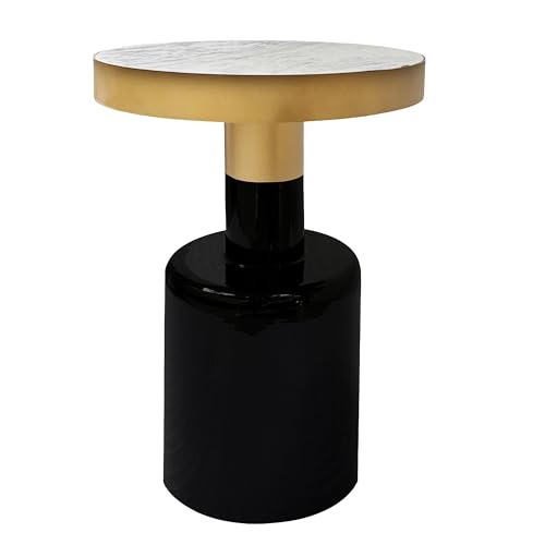 The Urban Port Mesa Auxiliar Redonda de 20 Pulgadas, Parte Superior de mármol Natural con Bandas, Base de pedestal de Hierro Recubierto de Esmalte, Blanco, Dorado y Negro