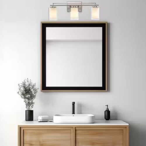 Image of TRANS GLOBE 22483 BN I Lisbon Collection 24 Inch Three-Light Bathroom Vanity - in a Brushed Nickel Finish | Metal Housing I Clear & Frosted Shades I Modern Contemporary Light Fixture |