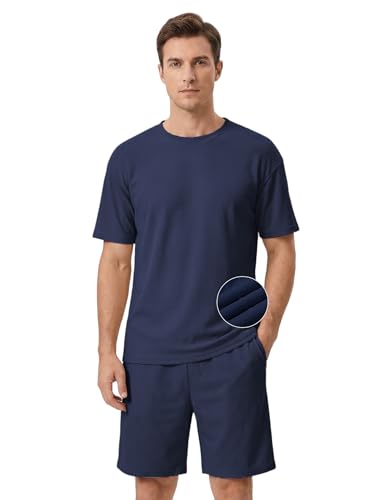 Image of Venzina Men's Waffle-Knit T-Shirt & Shorts Set Breathable Stretchable Lounge Wear Loose Fit Night Suit for Home, Travel