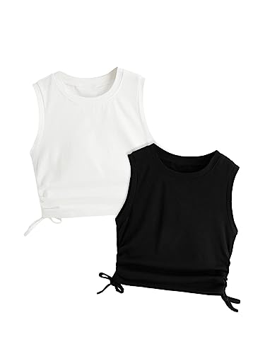 Milumia Girl's 2 Pack Ruched Knot Side Round Neck Sleeveless Basic Crop Tank Tops
