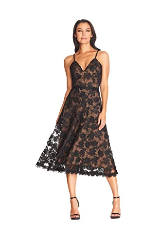 Dress the Population Womens Tahani V-Neck Embroided Midi Dress Black/Nude Medium