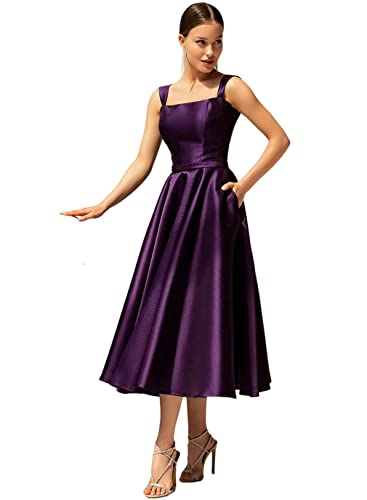 Women's Satin Mother of The Bride Dresses with Pockets A-line Tea Length Formal Evening Gown for Wedding