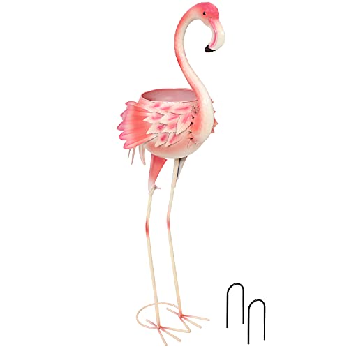 Sunnydaze Pink Flamingo Statue With Flowerpot - Outdoor Metal Yard Art, Lawn And Garden Decor - Backyard 36-Inch Sculpture Decoration - Small 5-Inch Planter #TOP1