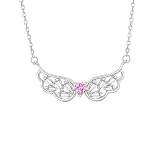 BCughia Collar con colgante de ala de ángel, collar con colgante de oro de 9/14/18 quilates con corazón creado de zafiro rosa y moissanita para mujer, Oro blanco de 14 quilates, Zafiro sintético