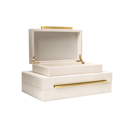 Image of Sagala Set of 2 Beige Shagreen Decorative Boxes With Gold Metal Handles, Faux Leather Jewelry Boxes Modern Storage Boxes Photo Boxes Memory Boxes Home Organizer (Beige-Gold Handle)