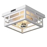 CALOKES Outdoor Flush Mount Motion Sensor White Ceiling Light - Timeless Industrial Design with Seeded Clear Glass for Your Porch, Driveway, Covered Patio, Farmhouse, and Entryway