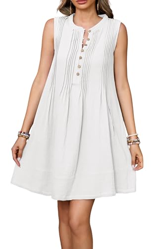 Image of R.Vivimos Sleeveless Cotton Casual Dresses for Women Summer 2026 Button Up Ruched Loose Tunic Mini Dress with Pockets
