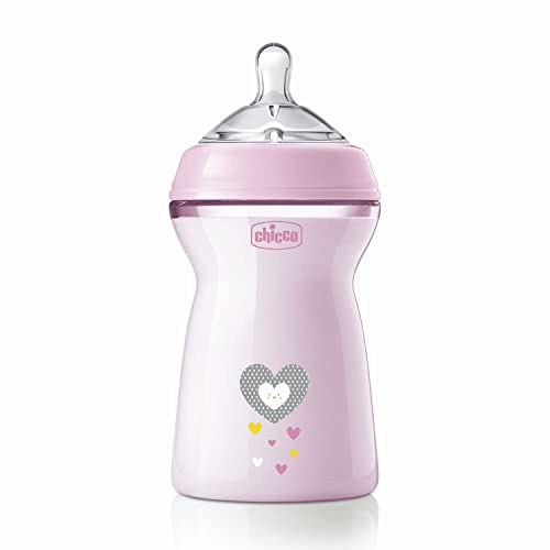 Chicco Natural Feeling Biberon Anticolica 6 Mesi + da 330 ml, Biberon con Tettarella in Silicone Morbida e Flessibile, Adatto per Allattamento Misto, Flusso veloce, Colore Rosa