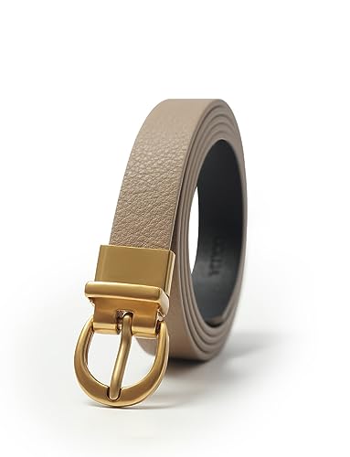 Women's Reversible Bovine Leather Belt Skinny Fashion Waist Belts for Dresses Jeans Pants with Gold Buckle