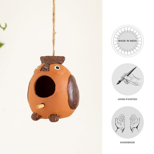 Image of ExclusiveLane 'Observant Owl' Terracotta Bird House for Garden Hanging & Balcony| Handmade & Handpainted Bird House for Sparrow Garden Decoration Items Outdoor (5.3 Inch, Brown)