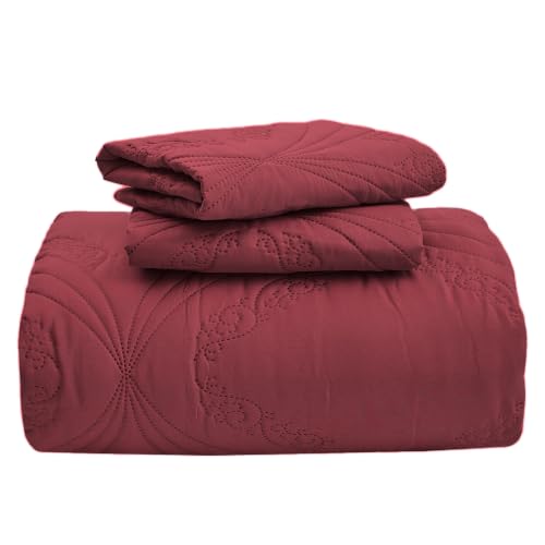 Image of Kingnex Oversized King Bedspreads 128x120 Ultrasonic Quilted Burgundy | Extra Wide Coverlet for Tall Split King Adjustable Bed or Cal King Size, 3 Piece Include 1 Quilt, 2 King Size Pillowcases