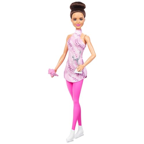 Image of Barbie Careers Fashion Doll & Accessories, Brunette in Removable Pink Skate Outfit with Ice Skates & Trophy
