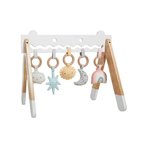 Haus Projekt Baby Play Gym, Wooden Activity Baby Gym with 5 Wood & Plush Toys, Teething Toy, Rainbow Baby Gym, Wooden Baby Toys, Baby Sensory Toy, Sun Face Play Gym Cover