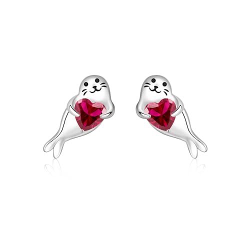Cute Seal Earrings for Women - 925 Sterling Silver Birthstone Seal Stud Earrings Animal Jewelry Hypoallergenic Birthday Christmas Gift (Birthstone Jul.)
