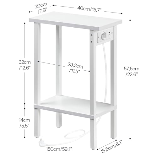 HOOBRO Mesa Auxiliar Estrecha, Mesita de Sofá de 2 Niveles con Estación de Carga, Mesita de Noche con Estante, para Espacio Pequeño, Salón, Dormitorio, Estudio, Blanco EWT240CBZ01 - imagen 3