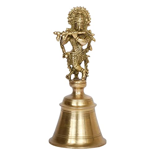 Kartique Brass Hand Bell with Krishna Playing Flute Gold Color Gold Color Height 6.75 Inch
