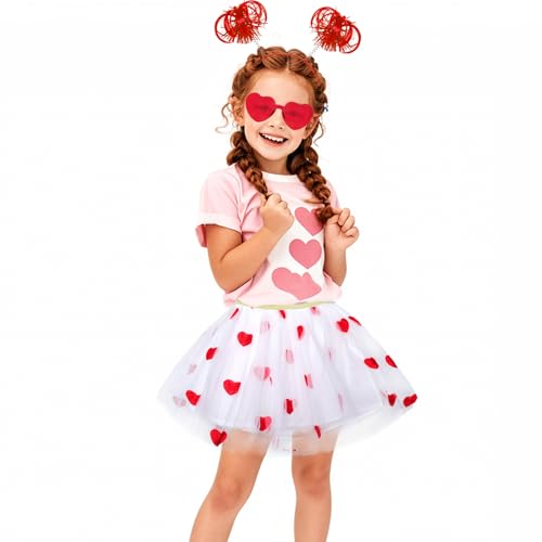 Image of 3Pcs Valentine's Tulle Skirt Sets Heart Embroidered Ballet Skirt with Heart Glasses Ponytail Headband for Girls