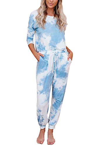 Women 2 Piece Loungewear Set Tracksuit Long Sleeve T-Shirt Joggers Pants Sweatsuits Blue S